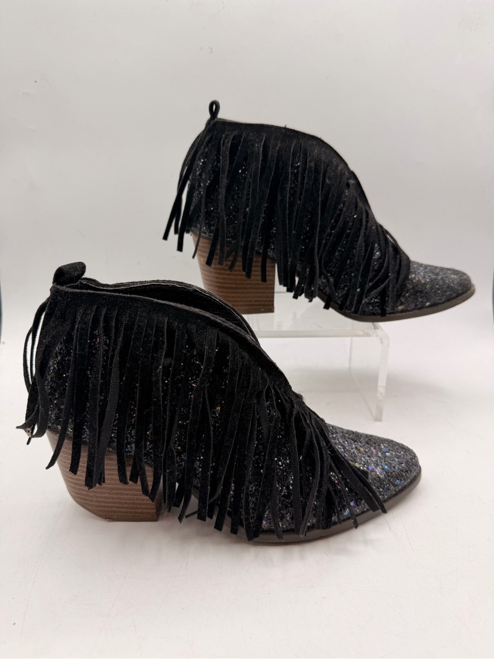 WILD G BLACK GLITTER FRINGE WESTERN ANKLE BOOTS SIZE 7